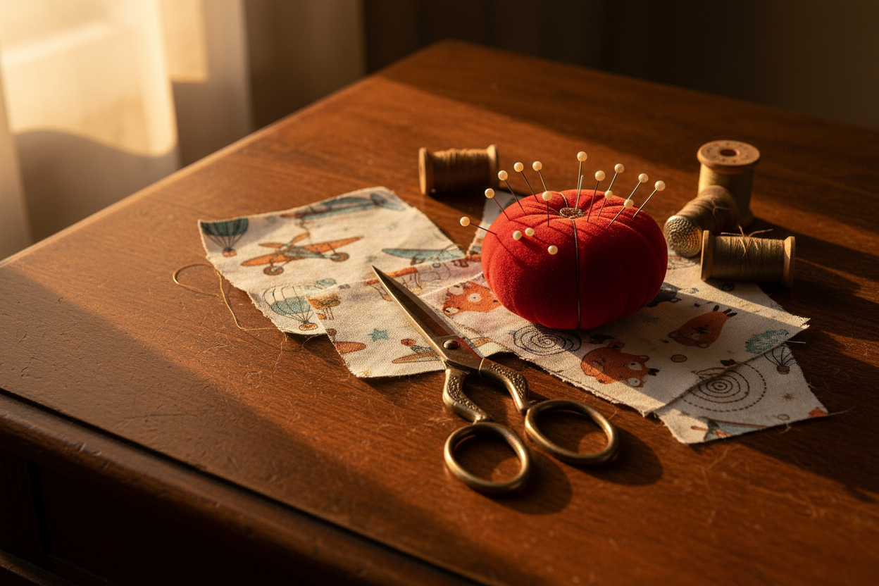 a képen egy olló varrótű, tűtartó és gyerekmintás anyagdarabok vannak összevisszaságban, barna antik asztallapon, a kép hangulata meleg, naplemente, antik
