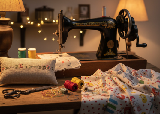 a képen gyerek mintás anyagok vannak, oldalt egy kis sópárna, olló, cérnák, a háttérben egy régi varrógép, esti, meleg fények, 