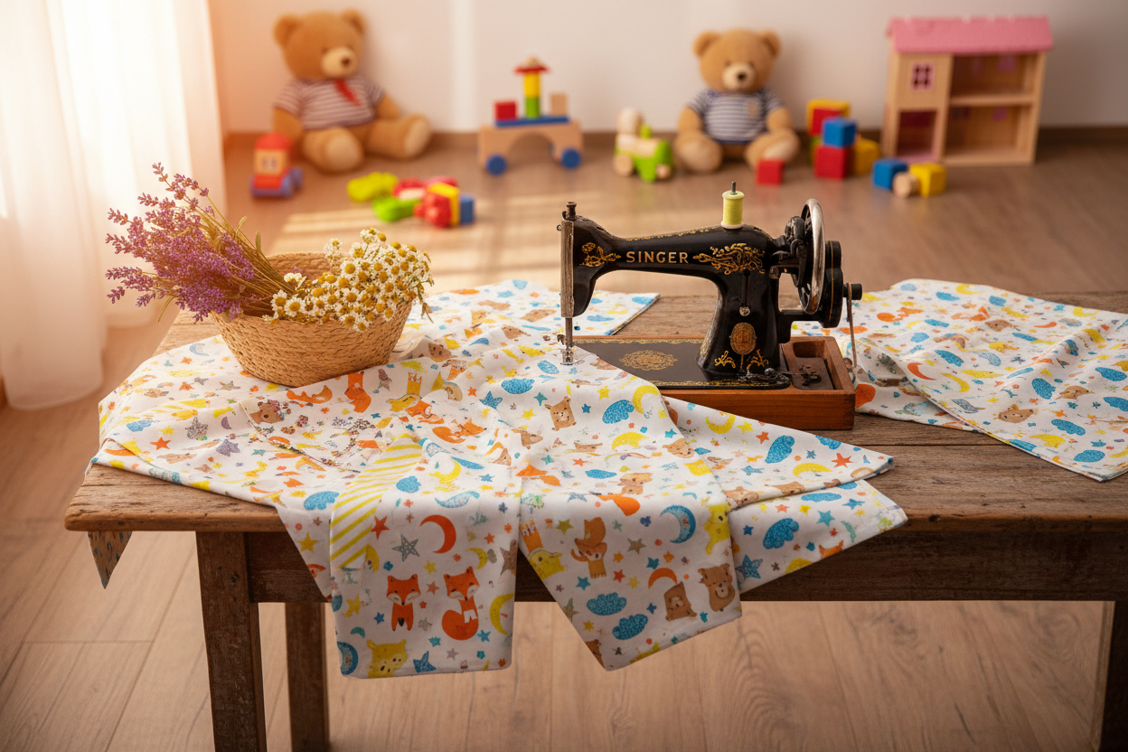 egyrégies asztalon sokféle gyerekmintás anyag, varrógép, egy kosárban levendulavirág és kamillavirág, a háttérben gyerekszoba játékokkal, asti mege fény