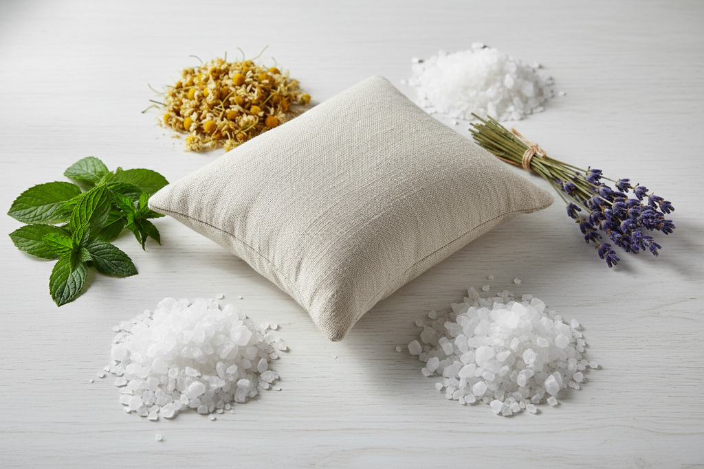 szeretnék egy ki sópárnáról kérni egy képet, ahol a sóőárna körül kis kupacokban kamillavirág, mentalevél, só és levendulacsokor van.